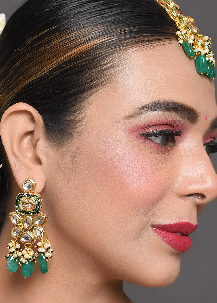 Green Gold Toned Kundan Earrings With Mangtika - Indian Silk House Agencies