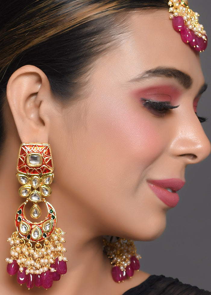 Kundan Inspired Enameled Earrings With Mangtika - Indian Silk House Agencies