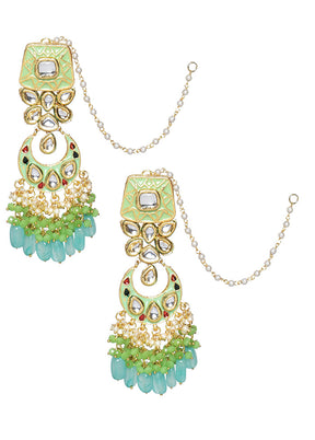 Gold Toned Green Kundan Studded And Enameled Handcrafted Earrings - Indian Silk House Agencies
