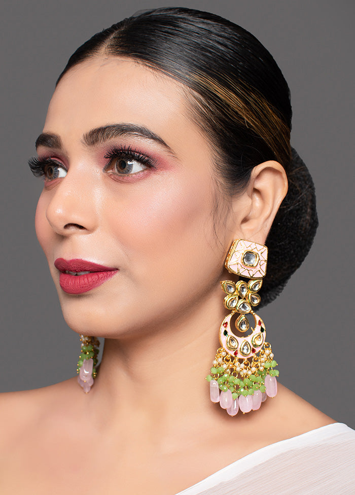 Gold Toned Pink Green Beaded Kundan Studded And Enamaled Handcrafted Earrings - Indian Silk House Agencies