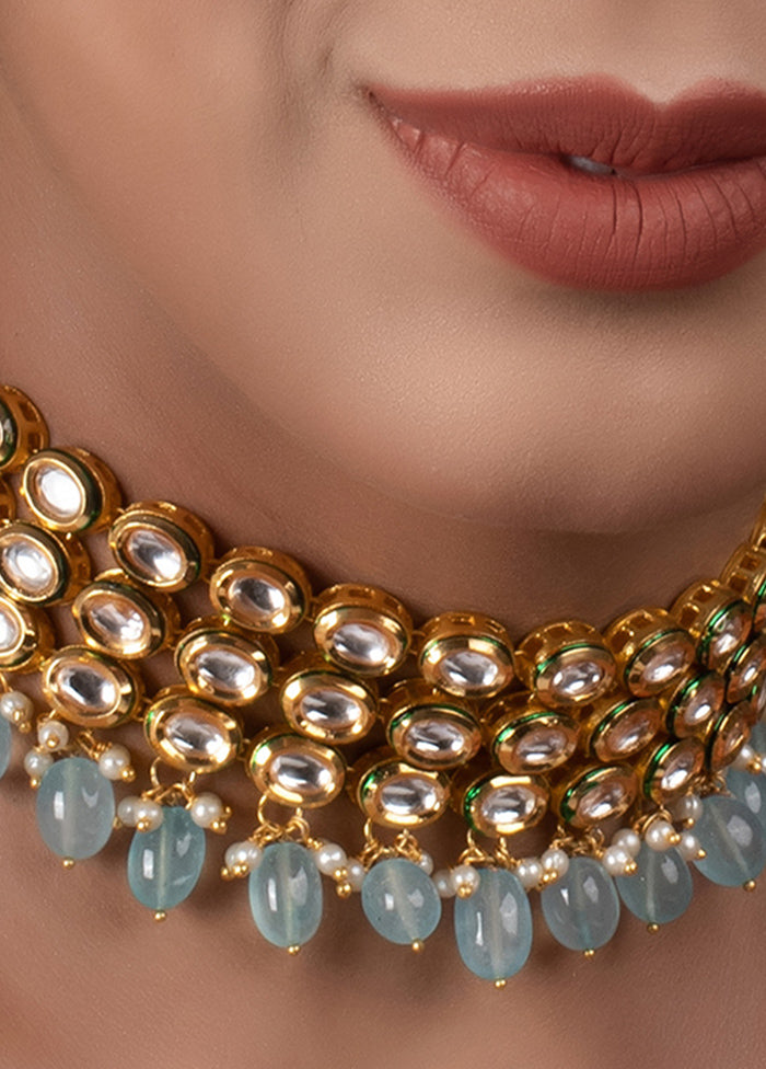 Blue Gold Tone Kundan Beaded Choker Necklace - Indian Silk House Agencies