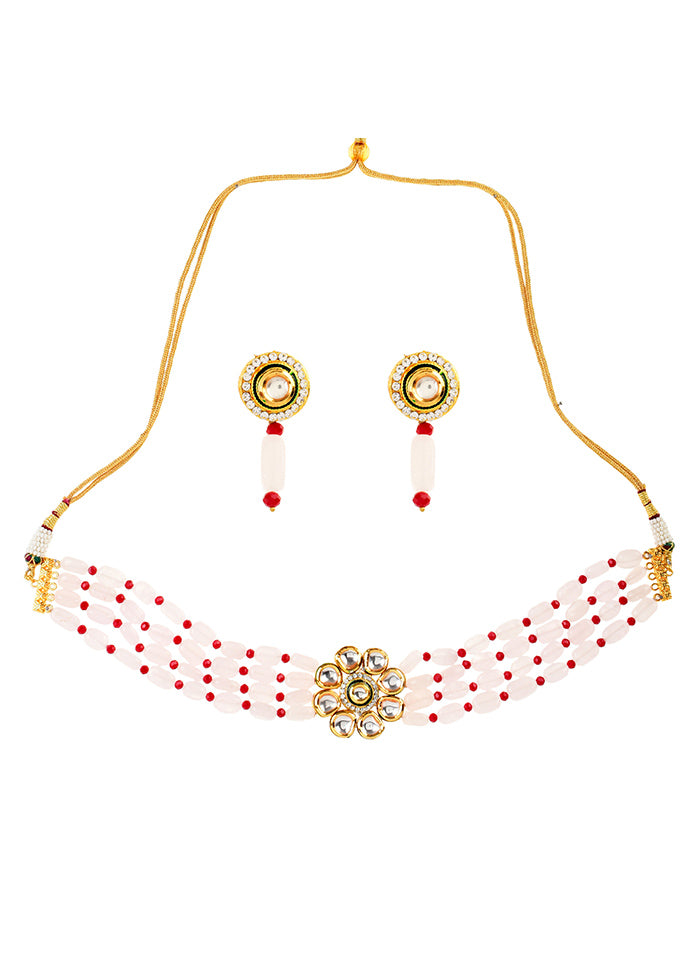 Pink Beaded Gold Tone Kundan Choker With Earrings - Indian Silk House Agencies