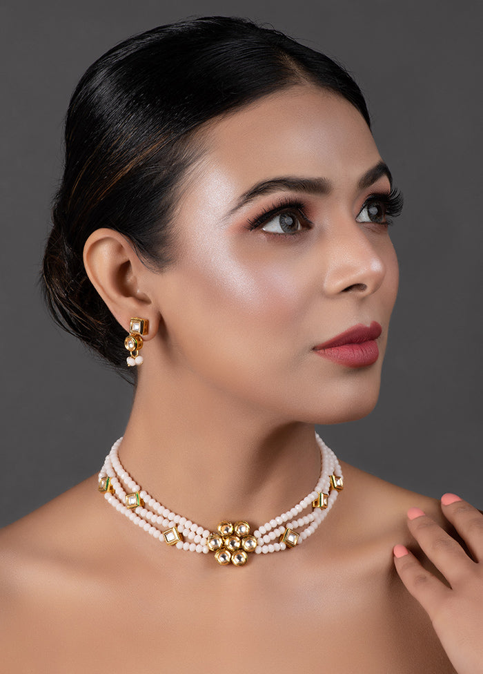 White Gold Tone Kundan Onyx Choker With Earrings - Indian Silk House Agencies