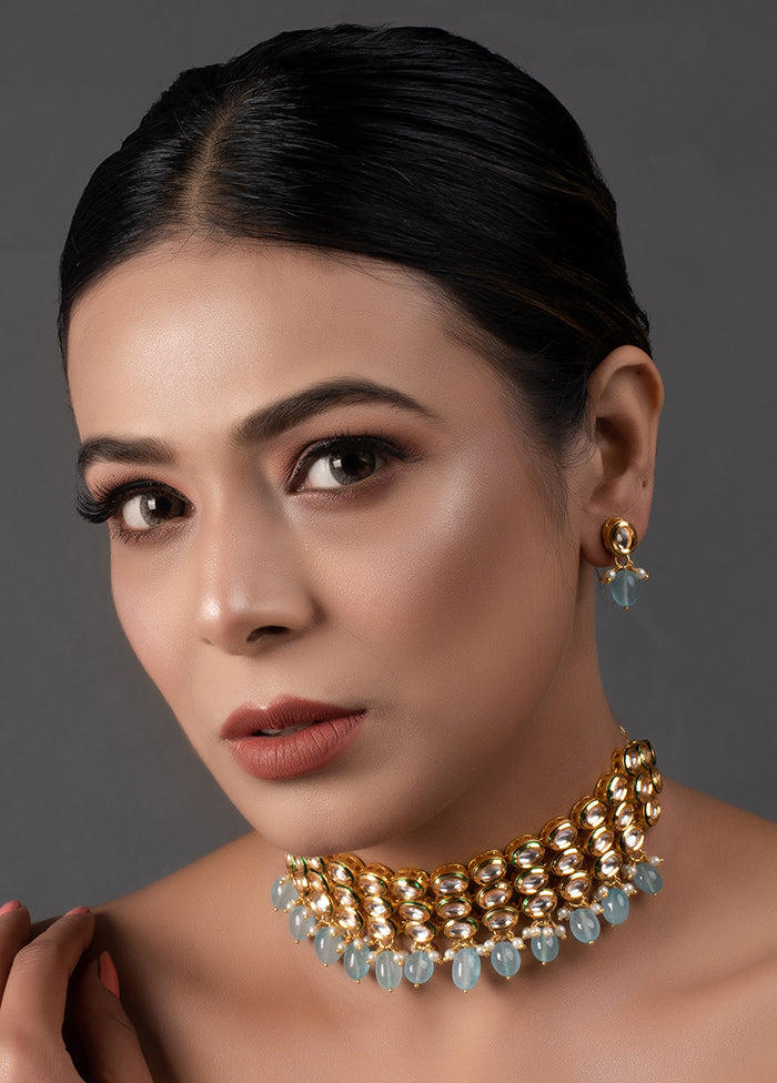 Blue Gold Tone Kundan Beaded Choker With Earrings - Indian Silk House Agencies