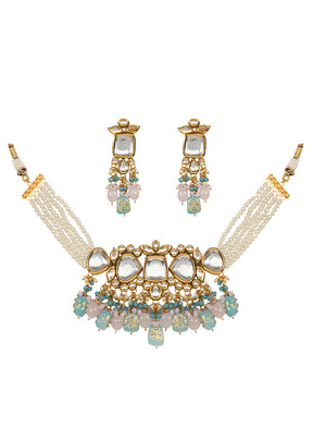 Pastel Blue Beaded Kundan Necklace And Earrings Set - Indian Silk House Agencies