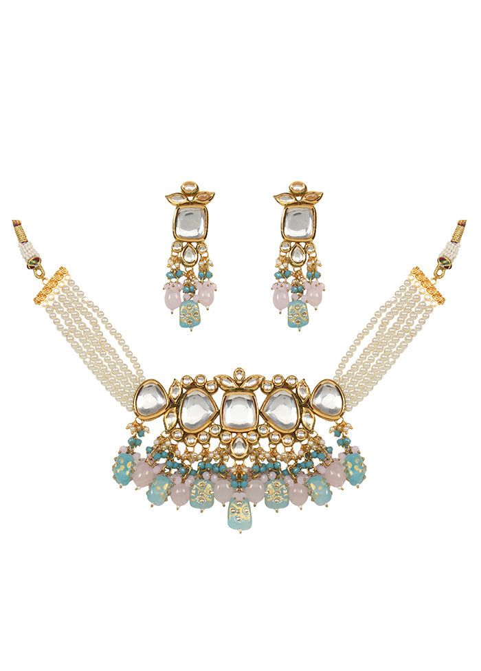 Pastel Blue Beaded Kundan Necklace And Earrings Set - Indian Silk House Agencies