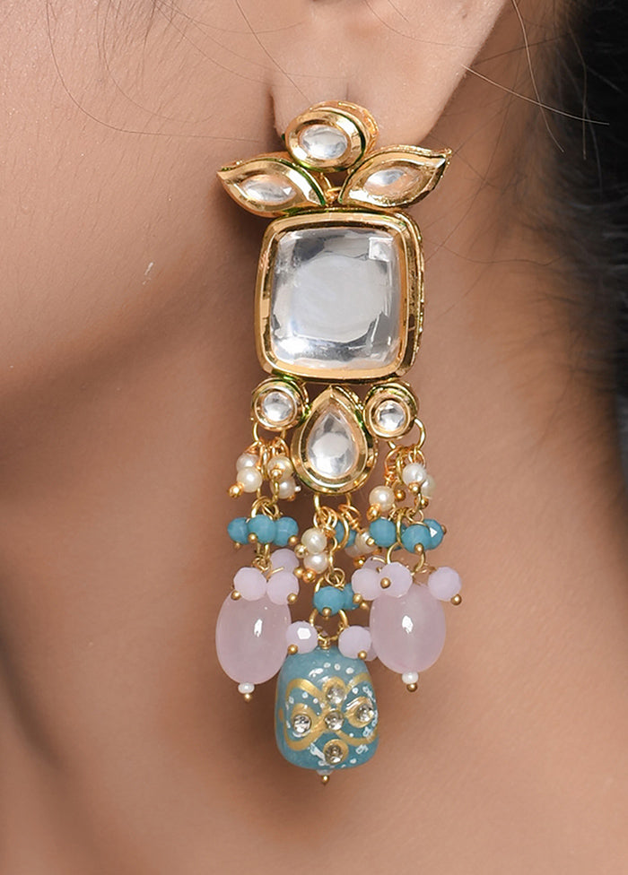 Pastel Blue Pink Beaded Handcrafted Kundan Earrings - Indian Silk House Agencies