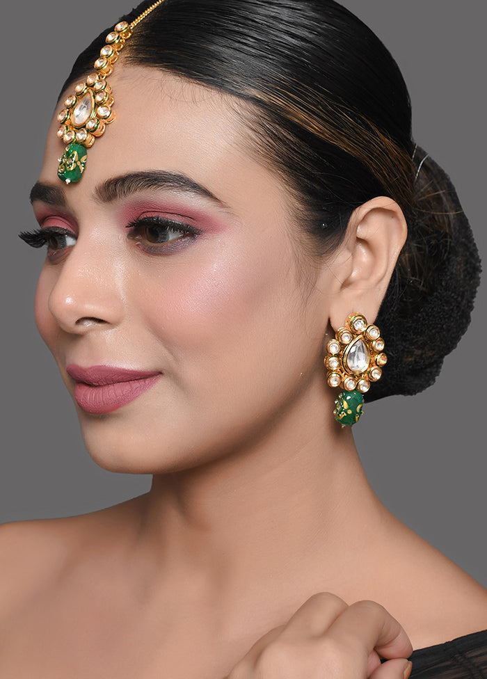 Green Gold Toned Beaded Kundan Earrings Mangtika Set - Indian Silk House Agencies