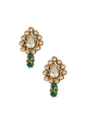 Green Gold Toned Beaded Kundan Earrings Mangtika Set - Indian Silk House Agencies