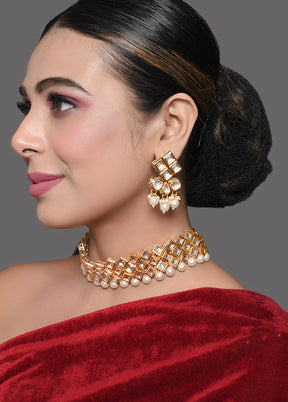 Pearl Beaded Kundan Choker Necklace With Earrings - Indian Silk House Agencies
