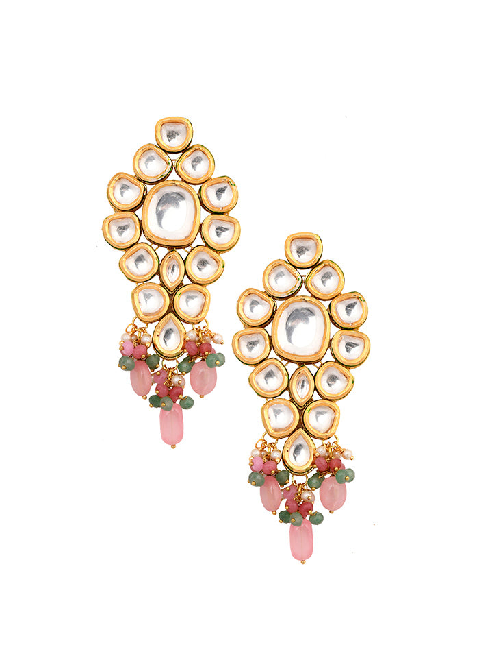 Handcrafted Pink Green Gold Tone Kundan Earrings - Indian Silk House Agencies