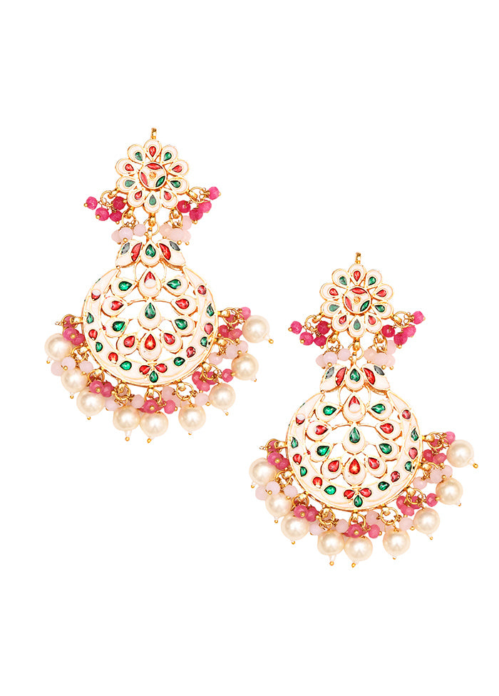 Pearl Pink Beaded Gold Toned Kundan Earrings - Indian Silk House Agencies