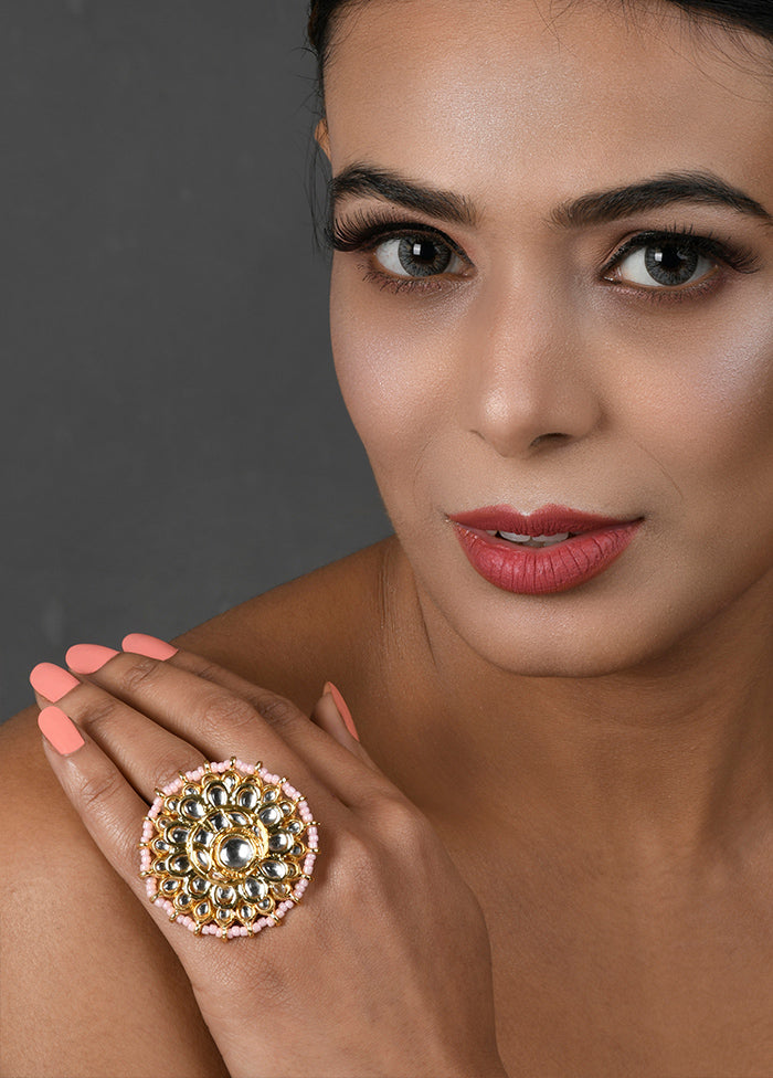 Gold Toned Kundan Embellished Pearl Beaded Adjustable Ring - Indian Silk House Agencies
