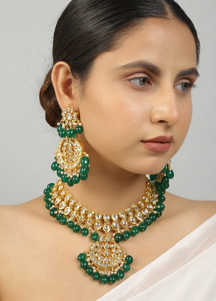 Green Kundan Work Copper And Alloy Necklace With Earrings