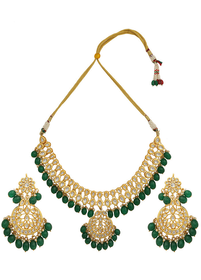 Green Kundan Work Copper And Alloy Necklace With Earrings
