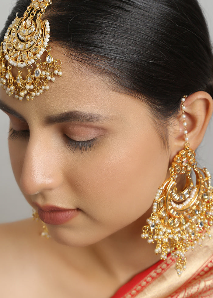 Golden Kundan Work Copper And Alloy Earrings With Mangtika - Indian Silk House Agencies