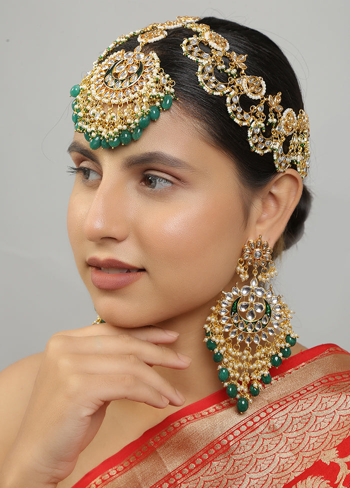 Green Kundan Work Copper And Alloy Mathapatti With Earrings - Indian Silk House Agencies