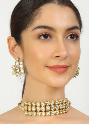 Golden Kundan Work Copper And Alloy Necklace With Earrings - Indian Silk House Agencies