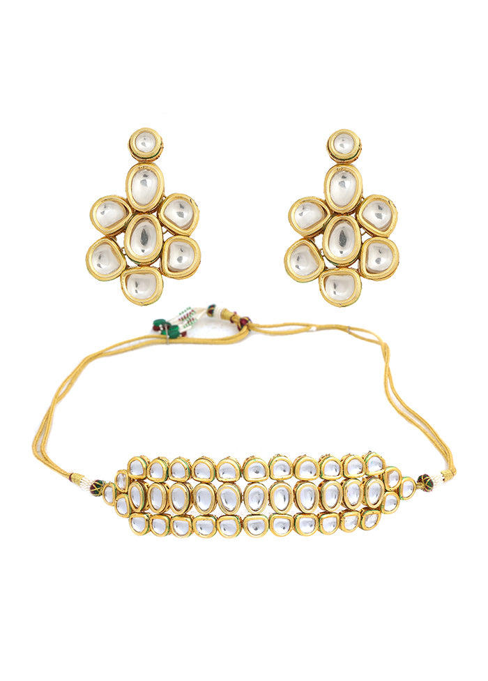Golden Kundan Work Copper And Alloy Necklace With Earrings