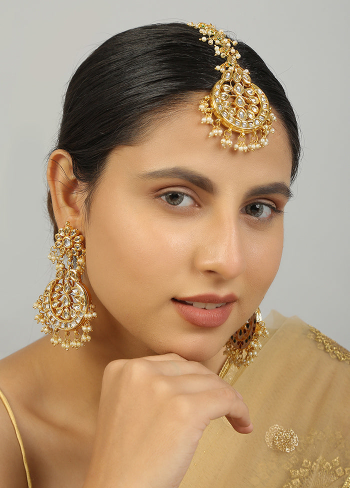 Golden Kundan Work Copper And Alloy Earrings With Mangtika - Indian Silk House Agencies