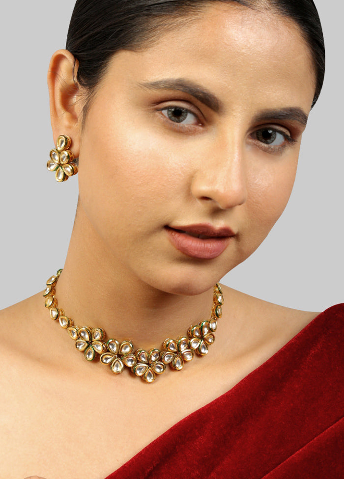 Golden Kundan Work Copper And Alloy Necklace With Earrings