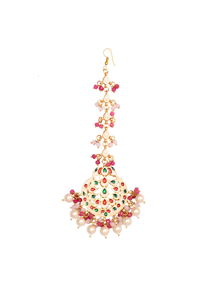 Pink Pearl Beaded Gold Tone Kundan Mangtika - Indian Silk House Agencies