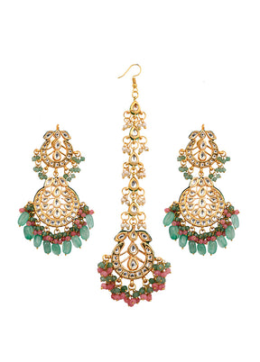Sky Blue Gold Tone Kundan Mangtika With Earrings - Indian Silk House Agencies