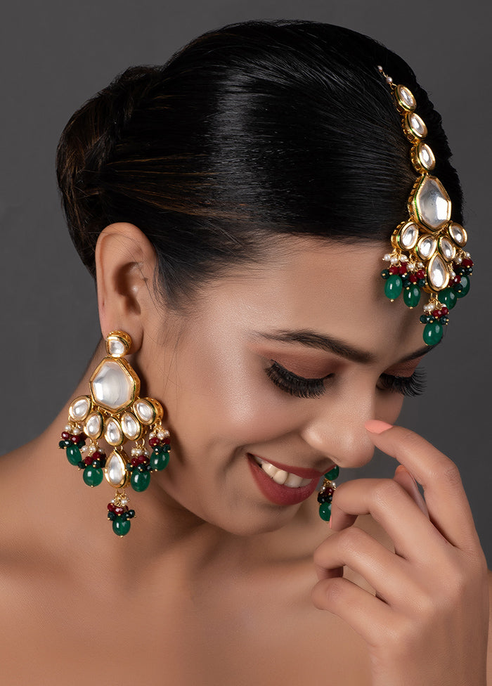 Emerald Beaded Kundan Mangtika With Earrings - Indian Silk House Agencies
