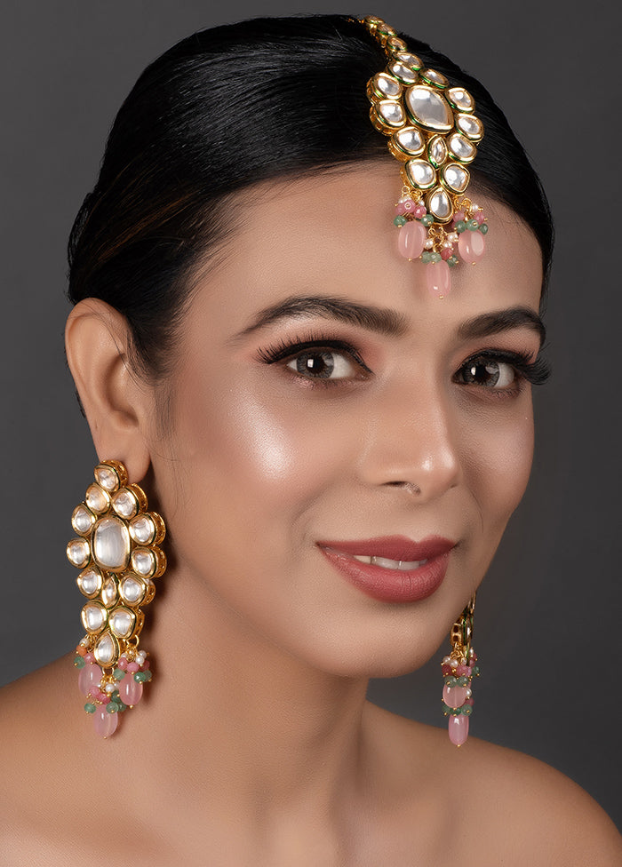 Pink Beaded Gold Tone Kundan Mangtika With Earrings - Indian Silk House Agencies