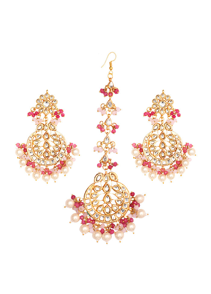 Pearl Pink Beaded Kundan Mangtika With Earrings - Indian Silk House Agencies