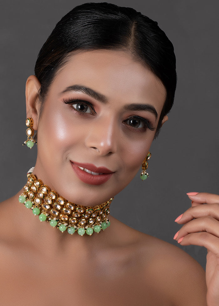 Pastel Green Gold Tone Kundan Beaded Choker Necklace With Earrings - Indian Silk House Agencies