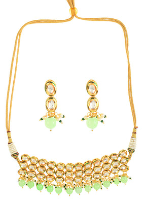 Pastel Green Gold Tone Kundan Beaded Choker Necklace With Earrings - Indian Silk House Agencies