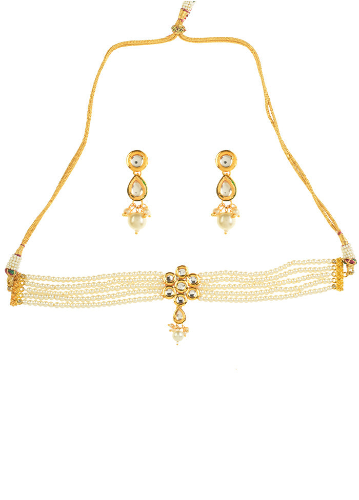 Pearl Beaded Kundan Floral Choker Necklace With Earrings - Indian Silk House Agencies