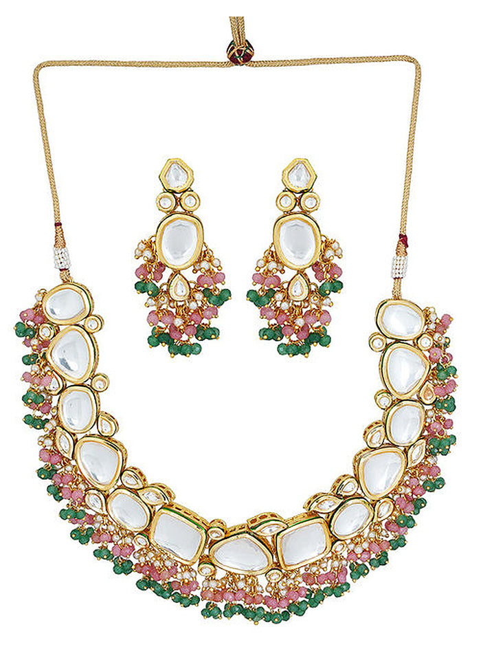 Pink Green Gold Tone Kundan Necklace With Earrings - Indian Silk House Agencies