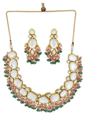 Pink Green Gold Tone Kundan Necklace With Earrings - Indian Silk House Agencies