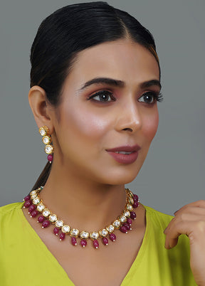 Dark Pink Gold Tone Kundan Necklace With Earrings - Indian Silk House Agencies