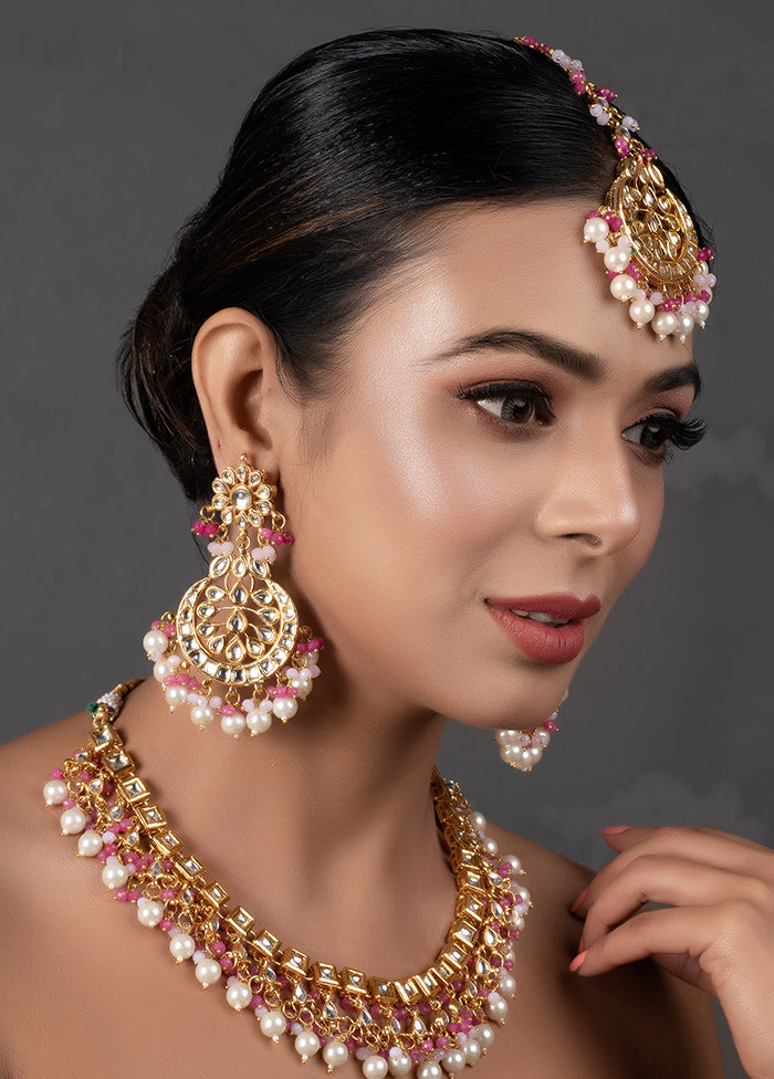 Pearl Pink Beaded Gold Tone Kundan Necklace Set - Indian Silk House Agencies