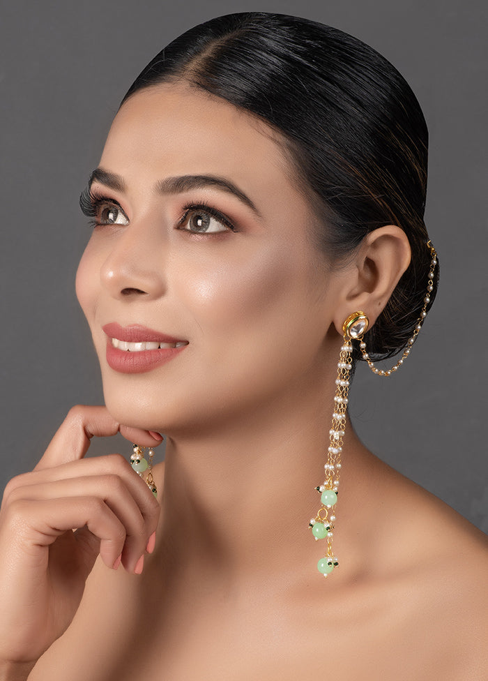 Gold Tone Kundan Inspired Pearl Tassel Earrings With Hair Chain - Indian Silk House Agencies