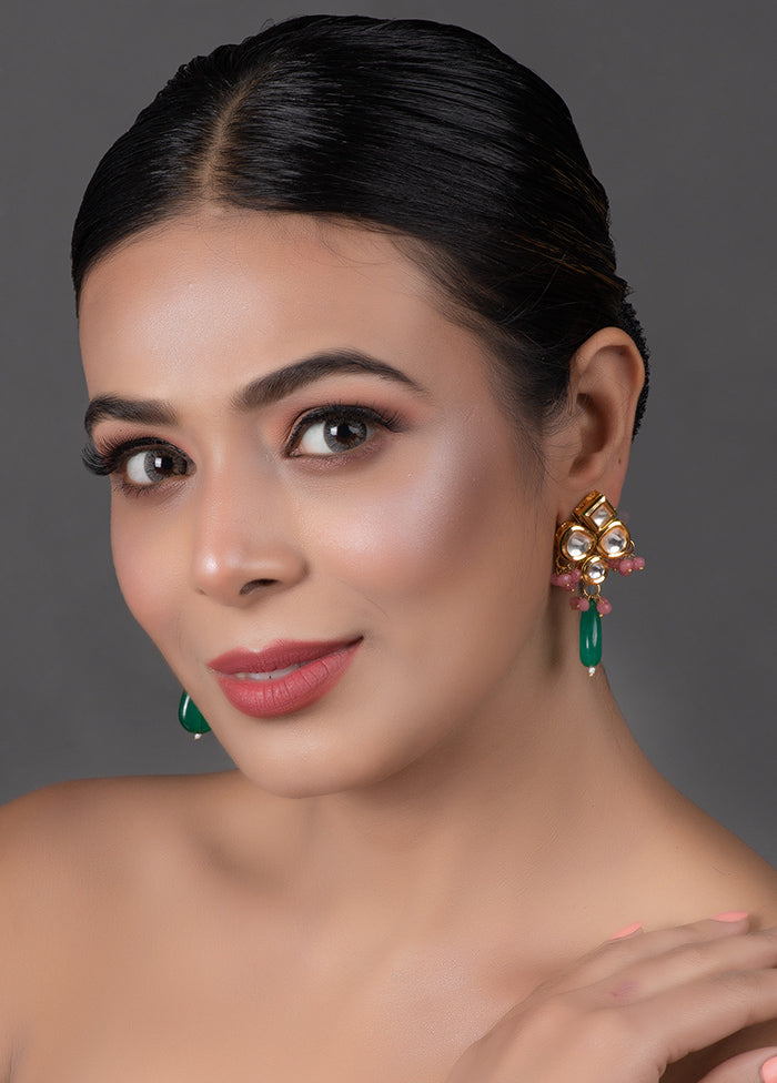Green Pink Beaded Kundan Inspired Earrings - Indian Silk House Agencies