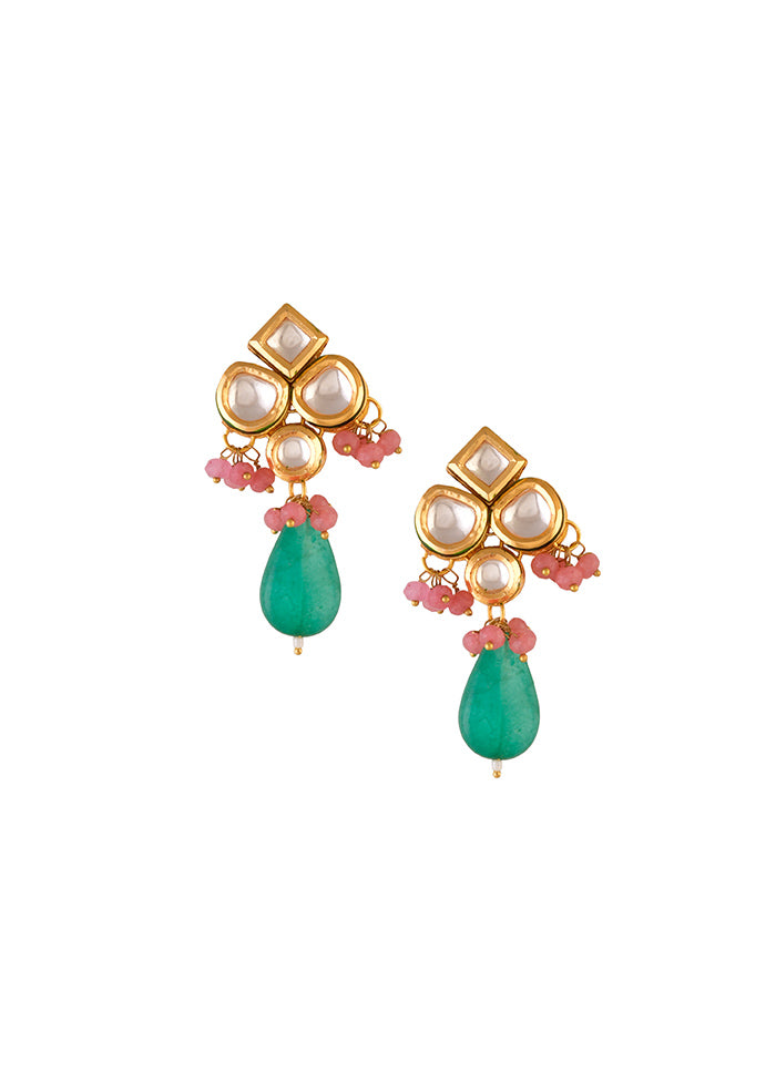 Green Pink Beaded Kundan Inspired Earrings - Indian Silk House Agencies