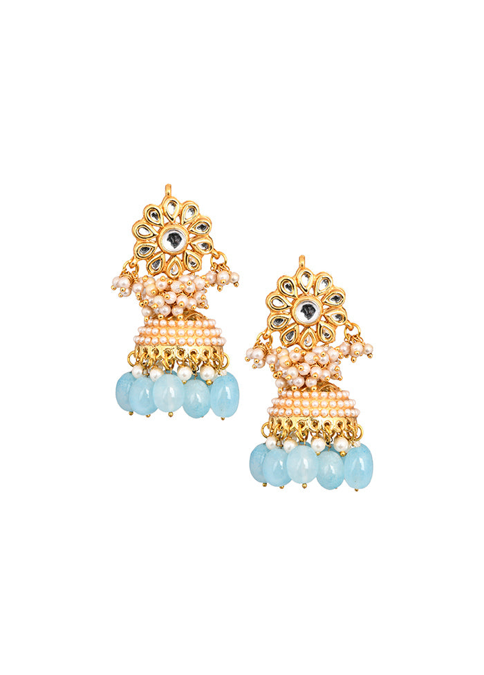 Gold Tone Blue Pearl Beaded Kundan Jhumki - Indian Silk House Agencies