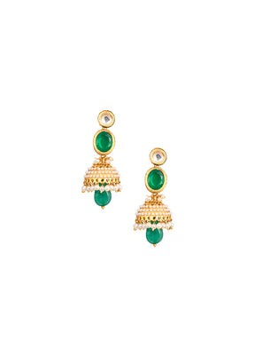 Green Gold Toned Pearl Beaded Kundan Jhumki - Indian Silk House Agencies