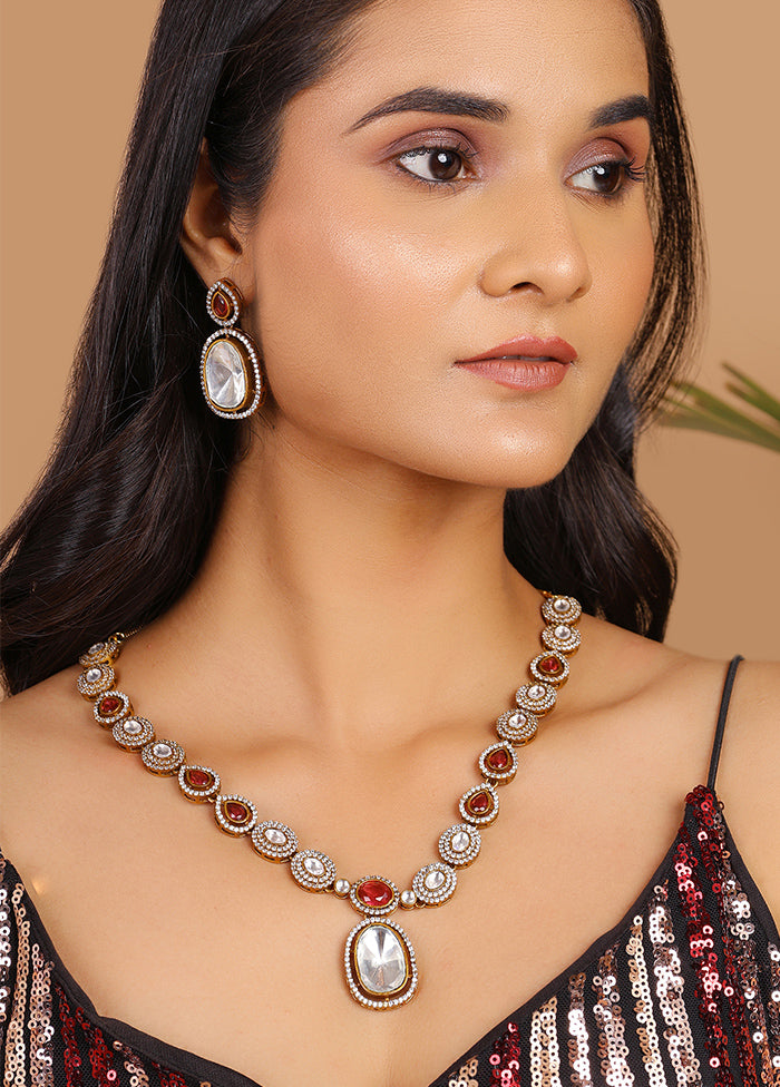 Gold Plated Ruby Pink Moissanite Polki Necklace Set - Indian Silk House Agencies