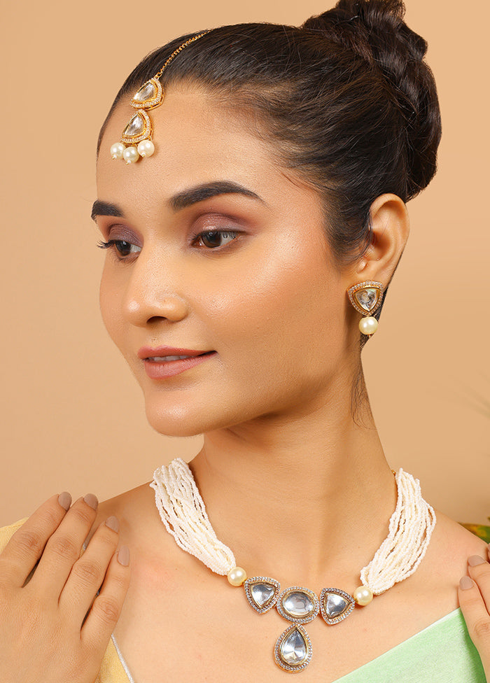 Pearl Beaded Kundan Polki Necklace With Earrings And Mangtika - Indian Silk House Agencies