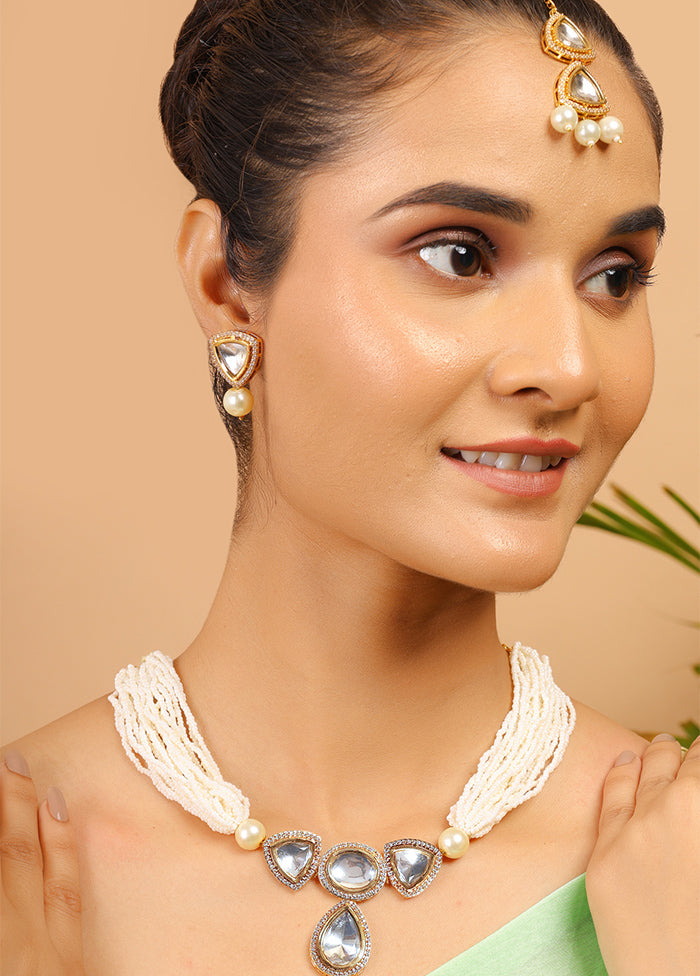 Pearl Beaded Kundan Polki Necklace With Earrings And Mangtika - Indian Silk House Agencies