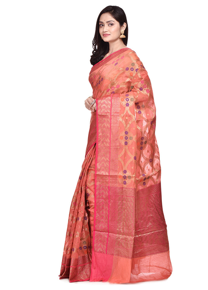 Peach Cotton Saree With Blouse Piece