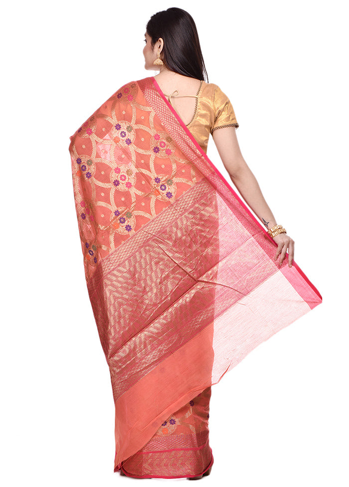 Peach Cotton Saree With Blouse Piece - Indian Silk House Agencies