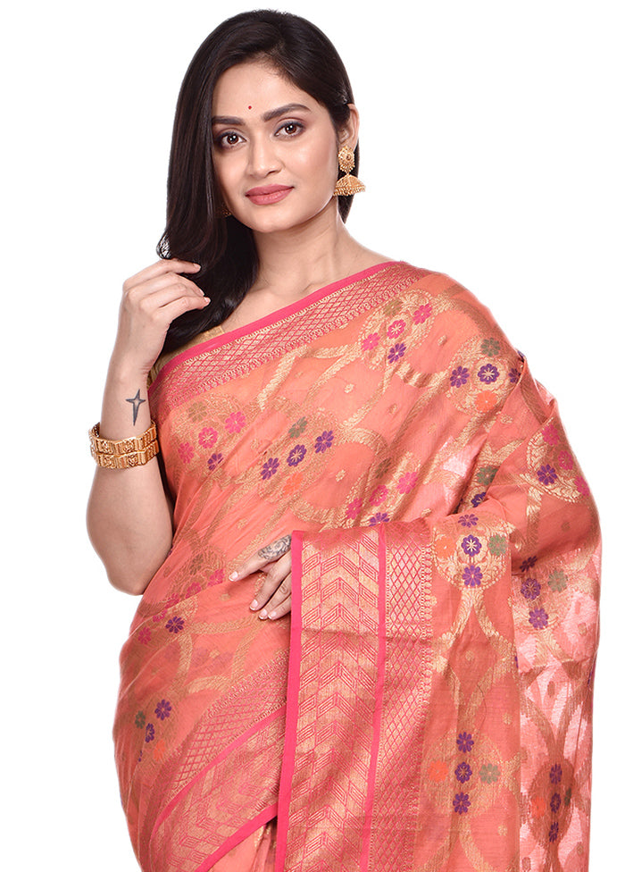 Peach Cotton Saree With Blouse Piece