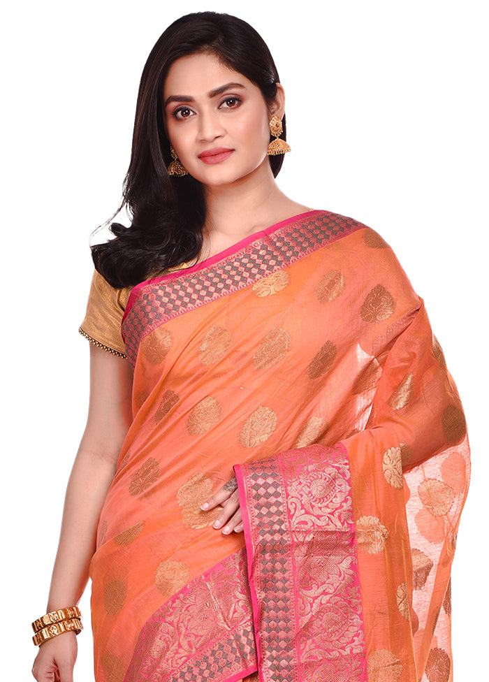 Peach Cotton Saree With Blouse Piece