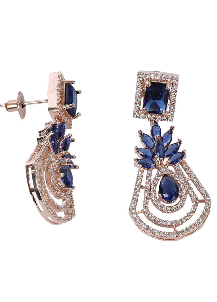 Rose Gold Plated Blue American Diamond Drop Earrings - Indian Silk House Agencies